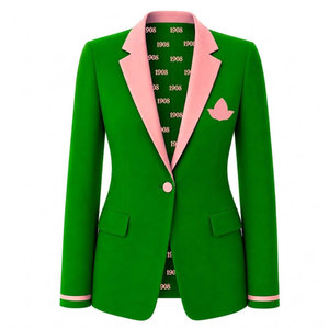 Alfa |   Kapa |   Blazer Verde para Mujer de Alpha Sorority con Ribete Rosa y Bordado del Escudo, Cuello de Solapa con un Solo Botón, Estilo Ejecutivo - Product Image 1