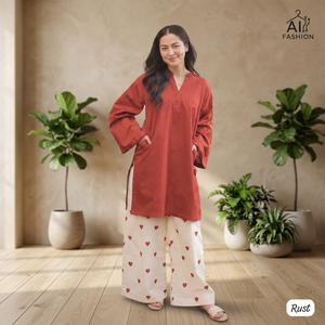 Kurti couleur rouille avec pantalon palazzo imprimé cœur, coupe ample, longueur midi, tenue décontractée indienne et pakistanaise, toutes saisons - Product Image 5
