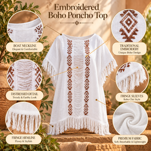 Geometric Embroidery Fringe Breathable 100% Cotton Women's Loose Kimono Sleeve <b>Top</b> Wide Neck Casual Summer Beach Vacation Outfit - Product Image 5