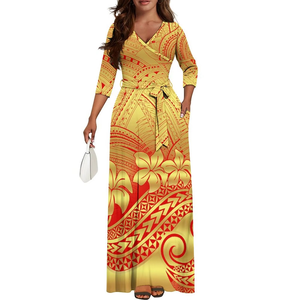 Vestido Maxi Personalizado de Verano para Mujer, Cuello en V, Cinturones, Diseño Tribal Polinesio, Manga 3/4, Bolsillo Lateral, Vestido Samoano - Product Image 4
