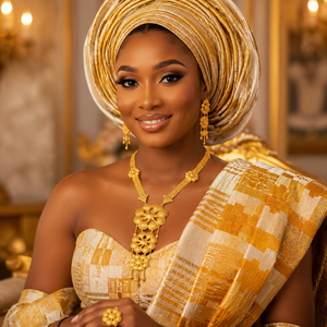 Luxury African Bridal Gold Plated Long <b>Necklace</b> Set for Women Traditional Nigerian Wedding Jewelry with Matching Earrings & <b>Ring</b> - Product Image 3