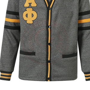 Cardigan universitaire unisexe gris Alpha Phi Fraternity avec bordure jaune, lettres grecques APA brodées, col en V, manches longues, pull pour homme - Product Image 5