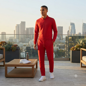 Ensemble de survêtement décontracté pour homme, polo rouge à manches longues et pantalon à cordon de serrage, couleur unie, coupe classique, 100% coton, vêtements de printemps - Product Image 3