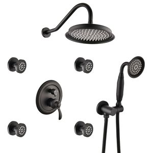 Robinet de douche de salle de bain noir mat à poignée unique, 4 jets, avec jet corporel et douchette à main, vanne incluse - Product Image 1