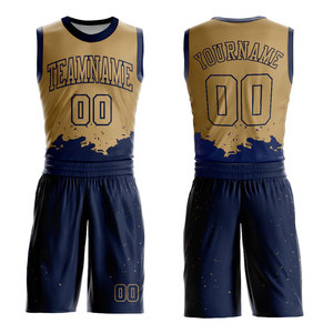 Custom Sublimated Basketball Jersey Set Gold Navy Mesh Tank Sleeveless Breathable <b>Athletic</b> Uniform Adult Team Name Number 00 - Product Image 1