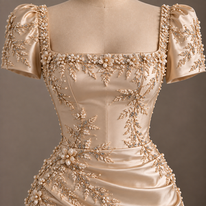 Robe de soirée en satin champagne, col carré, mini-robe plissée, robe de cocktail sans manches à fleurs perlées - Product Image 3