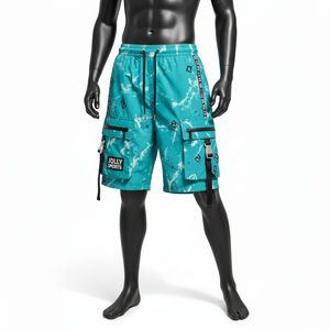 Shorts cargo pour femmes en nylon et élasthanne doux 210 GSM, imprimé graphique turquoise, plusieurs poches, logo personnalisé par transfert thermique - Product Image 4