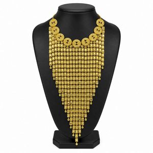 Collar árabe de oro laminado de 14K, 18K, 24K al por mayor, con diseño de monedas en cascada y azulejos geométricos, joyería nupcial árabe de oro. - Product Image 1