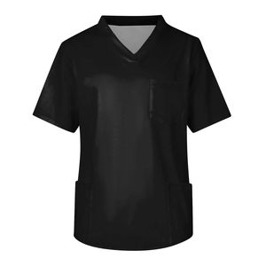 Haut d'infirmière tissé d'été, uniforme de travail unisexe à manches courtes et col en V, couleur unie, avec poche, pour hôpital et pharmacie - Product Image 2