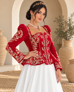 Blusa de terciopelo rojo para mujer, bordada, con mangas acampanadas, manga larga, con cuentas doradas florales, top holgado, elegante, de poliéster, de lujo, especial - Product Image 2