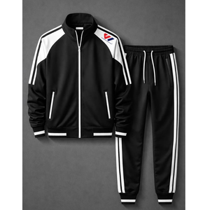 Black Tracksuit Set Zip Up Jacket Jogger Pants Contrast Stripe Sportswear Casual Wear - Product Image 1