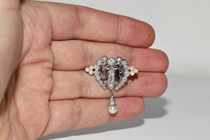 Broche en argent 925 décorée de perles et de diamants de culture de style Art Déco antique pour femme, cadeau de fête - Product Image 3