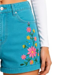 Turquoise <b>Women</b> High Waist Denim Shorts With Colorful Floral Embroidery Casual Summer Stretch <b>Jean</b> Shorts Custom OEM ODM Apparel - Product Image 4