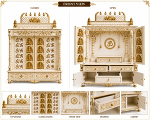 Mandir de madera de teca blanca dorada Ashtalakshmi, gabinete de lujo blanco y dorado tallado a mano, templo hindú para el hogar con puertas para EE. UU. - Product Image 4