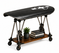 Table basse vintage en forme d'avion avec plateau en métal riveté, étagère en bois, style aviation industriel, meuble de salon décoratif