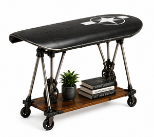 Table basse vintage en forme d'avion avec plateau en métal riveté, étagère en bois, style aviation industriel, meuble de salon décoratif - Product Image 6