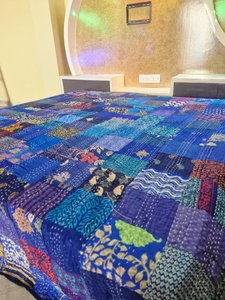 Handmade Vintage Old Sari Silk Kantha Embroidered <b>Quilt</b> Patchwork Queen Reversible Hypoallergenic <b>Bedspread</b> 100% Cotton Filling - Product Image 2