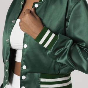 Women's Green Satin Varsity Jacket Cropped Full Sleeve <b>Single</b> Button Closure <b>Quilted</b> Cotton-Filled 100% Wool Towel Embroidery - Product Image 5