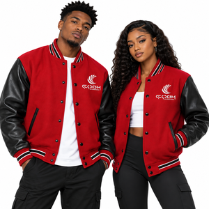 Chaqueta Varsity Unisex Color Rojo con Bloques de Color, Mangas de Cuero PU Negro, Chaqueta Bomber de Béisbol con Cierre de Botones y Logotipo Frontal - Product Image 1