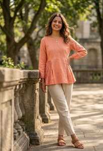 Linen Cotton Fabric Short Plain Kurti And Pant Pair Casual Wear Formal Regular Wear Kurti Plazzo Pant Cordset For Ladies - Product Image 3