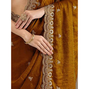 Wedding Apparel Classic <b>Golden</b> Zari Embroidered Silk Reception <b>Saree</b> with Blouse - Product Image 2