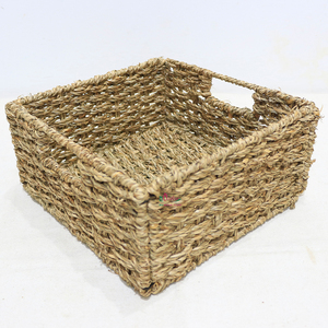 Natural Seagrass Foldable Woven Storage Basket Square <b>Shelf</b> Organizer Bin with Built-in Handles for Home Decor - Product Image 2