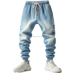 Joggers de mezclilla azul índigo Colores Premium Dobladillo acanalado elástico Utilidad transpirable Activewear Jeans Técnica lavada de invierno - Product Image 1