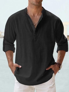 Camisa de Lino Boho para Hombre, Cuello Mao, Botones de Cuerno, Teñido Liso, Transpirable, Casual, Manga Larga, Estilo Urbano, Ajuste Holgado, Regalo de Verano para Él - Product Image 5