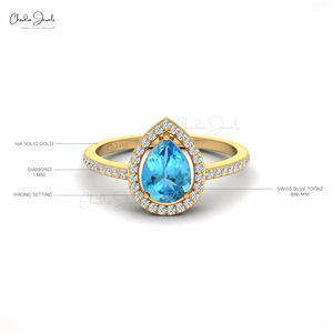 Fournisseurs vérifiés, bague en topaze bleue suisse authentique de 8x6 mm en forme de poire avec halo de diamants, en or jaune massif 14 carats, bijoux de mariage sur mesure - Product Image 3