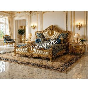 New Design High Back Upholstered King <b>Bed</b> Buy Royal Teak Wood <b>Bed</b> With Side <b>Stools</b> Luxurious Gold Finished Bedroom Collection - Product Image 4