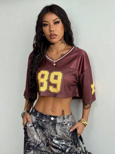 เสื้อเจอร์ซีย์อเมริกันฟุตบอลแบบครอป ยูนิเซ็กซ์ ผ้าตาข่าย คอกลม ปักหมายเลขตามสั่ง แขนสามส่วน พิมพ์ลายแบบซับลิเมชั่น สีไล่ระดับ - Product Image 2