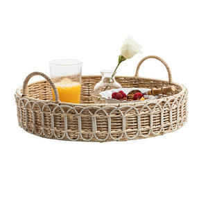 Whitewash 16\" Rattan <b>Circle</b> <b>Tray</b>-Home Decor Serving <b>Tray</b> and Ottoman <b>Tray</b> Decorative <b>Trays</b> - Product Image 4