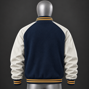 เสื้อแจ็คเก็ตบอมเบอร์วาร์ซิตี้ผู้ชาย แจ็คเก็ตเบสบอลแบบ Letterman สีกรมท่า แขนสีขาว สไตล์วิทยาลัย สตรีทแวร์ รับผลิตแบบ OEM แบรนด์ส่วนตัว ขายส่ง - Product Image 2