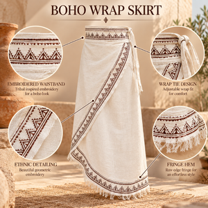 Ethnic Embroidered <b>Wrap</b> Maxi <b>Skirt</b> Fringe Hem Adjustable Tie Waist Tribal Bohemian <b>Beach</b> Resort Vacation Wear Long Flowing <b>Skirt</b> - Product Image 5