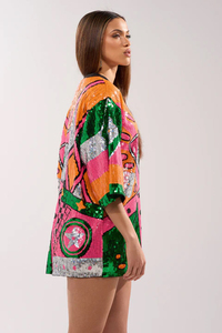 Oversized Women's <b>Sequined</b> Patchwork <b>T</b>-<b>Shirt</b> Short Sleeve Loose Fit O-Neck Glitter Print Spring Summer Woven Polyester <b>Dress</b> - Product Image 3