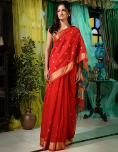 KV <b>Red</b> Cotton Handspun Handwoven Soft <b>Saree</b> With Nakshi Pallu With Unstitched Blouse - Product Image 4