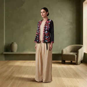 Women's Casual Solid 3-Piece Co-ord Set with Knee-Length Breathable Embroidered Woven Corduroy <b>Top</b> <b>Skirt</b> Three-Quarter Sleeves - Product Image 4