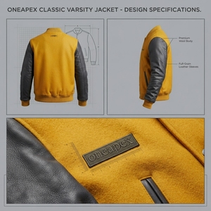 Men's Mustard Yellow Wool <b>Jacket</b> Black Leather Sleeves Custom Logo Rib Knit Collar Cuffs Snap Front Premium Streetwear Outerwear - Product Image 5