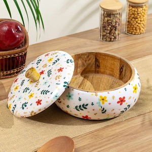 Casserole en bois à motif floral avec couvercle en céramique, boîte de rangement ronde écologique, lavage à la main uniquement - Product Image 2