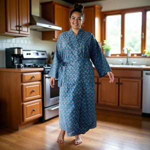 ชุดกิโมโนผ้าฝ้ายนุ่มสบายสำหรับสตรีพิมพ์ลายดอกไม้สีฟ้า - Product Image 5