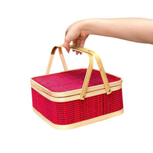 Square Rounded Corner Bamboo Slat <b>Gift</b> Box Red Woven Stick <b>Basket</b> with Double Handle Festive Nut Tea Packaging Case Wood <b>Hamper</b> - Product Image 2