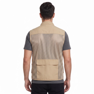 Men's Plain Dyed Sleeveless Stand Collar <b>Utility</b> <b>Vest</b> with Front Zip Closure and Mesh Panel - Product Image 2
