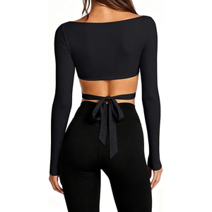 Women Black <b>Long</b> <b>Sleeve</b> Square Neck <b>Crop</b> Top With Side Cut-Out Hollow Design Solid Color Stretchy Activewear Shirt - Product Image 4