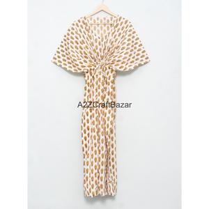 Kaftan pour femme, robe longue ample en coton 100% respirant et écologique, imprimé artisanal, avec ceinture simple, pour un usage quotidien - Product Image 6