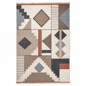 Alfombra Geométrica Abstracta de Lana Color Marfil Taupe, Moderna, con Diseño de Diamantes en Patchwork, Antideslizante, Ecológica, con Detalles en Color Carbón y Óxido - Product Image 1