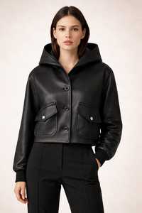 Veste bomber à capuche en cuir PU noir avec fermeture à boutons, manches longues, veste courte pour femme, style automne - Product Image 2