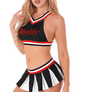 Uniforme de cheerleading pour adultes, jupe noire et blanche, logo imprimé par transfert thermique sur le devant, kit en spandex et polyester - Product Image 5