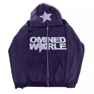 Sudadera con capucha y cremallera Omined World Star Print para hombre, estilo oversize, de forro polar, streetwear, negra con logo morado frontal - Product Image 4