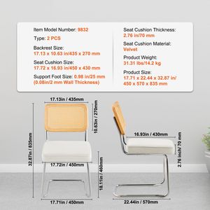 Set di 2 Sedie da Pranzo in Stile Mid-Century Modern, Sedia Retrò con Schienale in Rattan e Seduta Imbottita in Velluto per Sala da Pranzo - Product Image 5