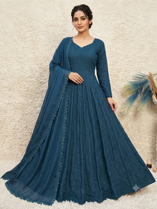 Salwar Kameez élégant en rayonne bleue avec dupatta, coupe régulière, longueur au sol, tenue de mariage pour femmes, style Inde Pakistan - Product Image 2